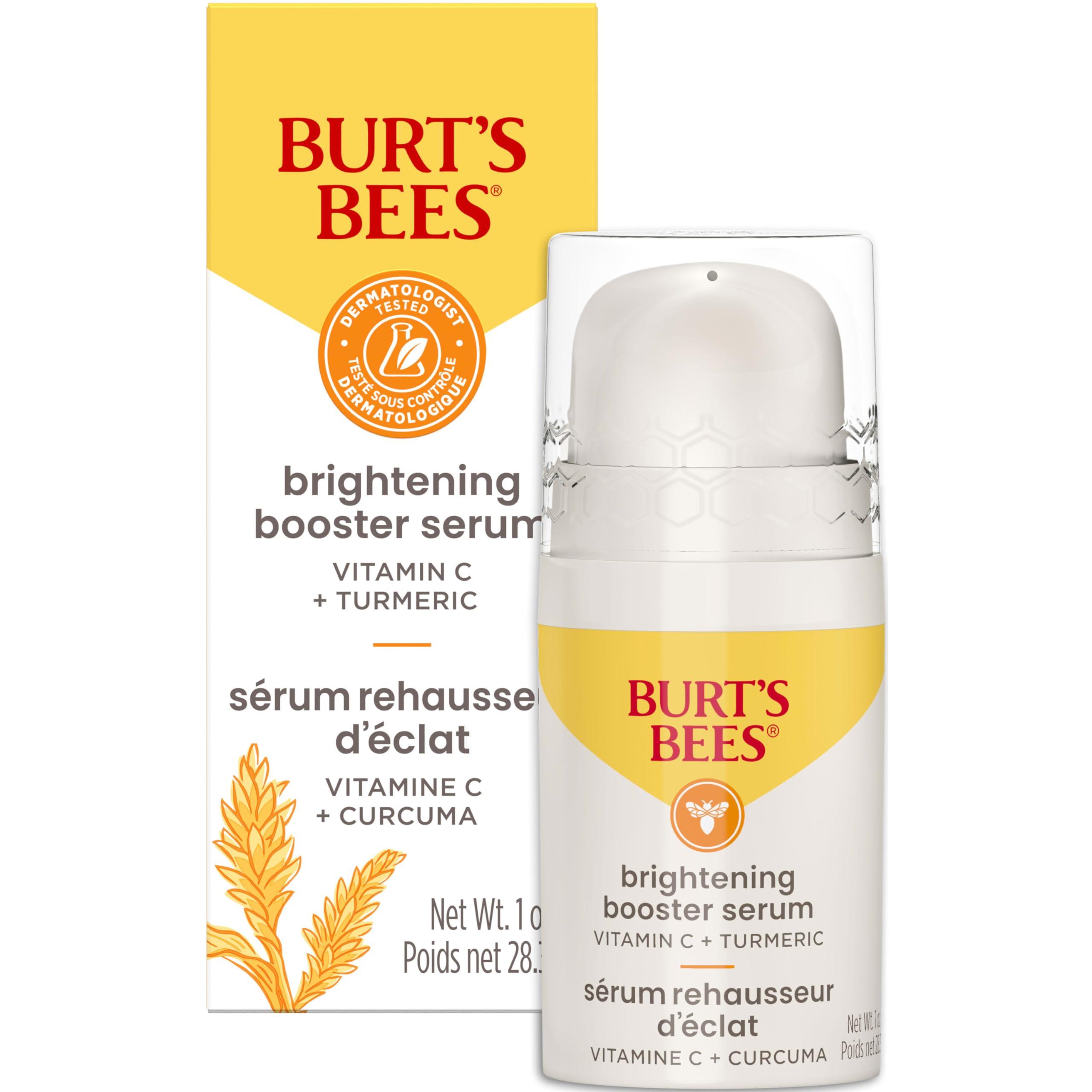 Burt's Bees Stocking Stuffers, Vitamin C Turmeric Face Serum, Brightens Skin & Visibly Reduces Dark Spots, Fine Lines & Wrinkles, Naturally Hydrating, Lightweight - Brightening Booster (1 oz)