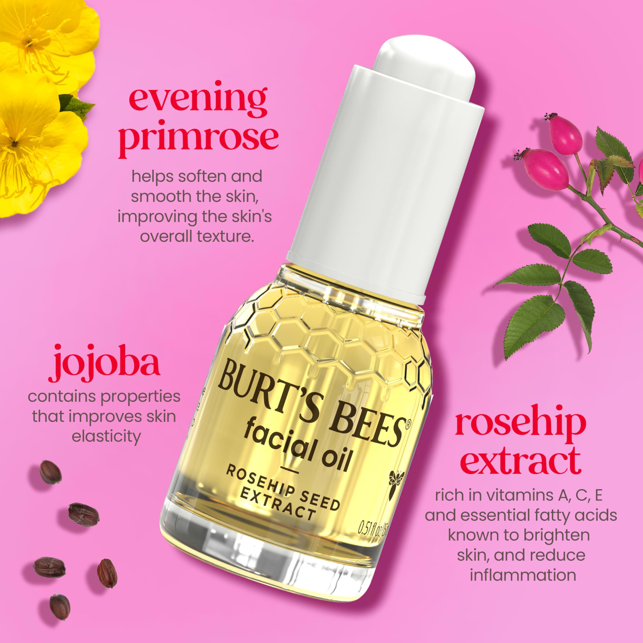 Burt's Bees Stocking Stuffers, Gua Sha Face Oil With Rosehip Seed Extract, Reduces Appearance of Fine Lines and Wrinkles, Use with Ice Roller & Facial Tools, Natural Origin Skin Care, 0.51 fl. oz.