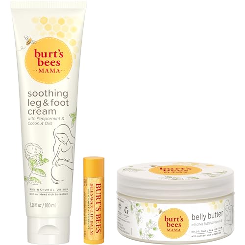 Burt's Bees Pregnancy Essentials Christmas Gifts Set, 3 Baby Shower Products & Must Have Baby Registry Items, Nourishing Skincare for Mom to be - Mama Belly Butter, Original Lip Balm, Leg & Foot Cream