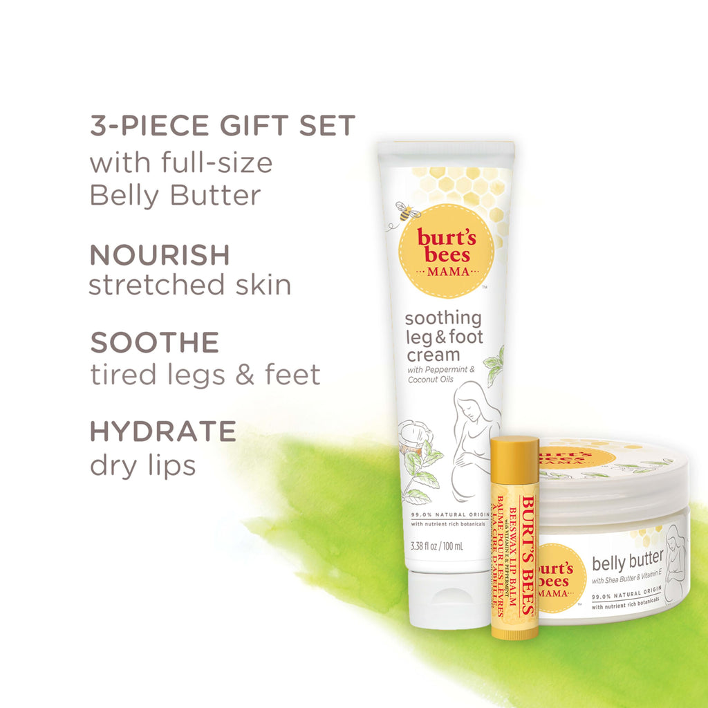 Burt's Bees Pregnancy Essentials Christmas Gifts Set, 3 Baby Shower Products & Must Have Baby Registry Items, Nourishing Skincare for Mom to be - Mama Belly Butter, Original Lip Balm, Leg & Foot Cream