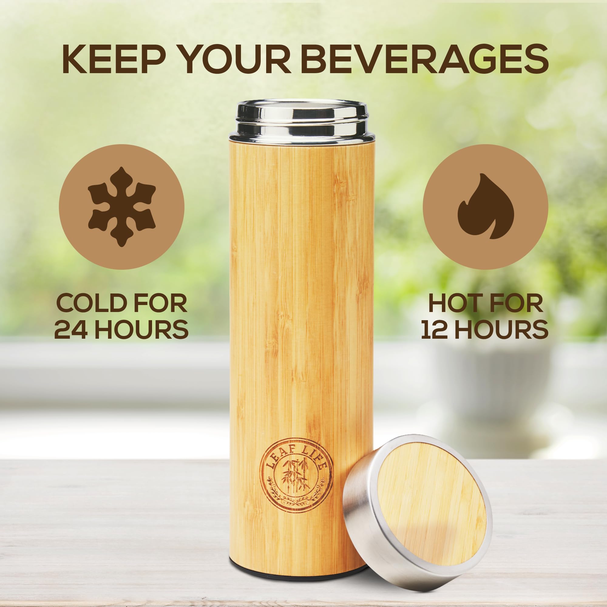 LeafLife Premium Bamboo Tea Bottle for Loose Tea - Tea Infuser Bottle - Tea Gifts - Insulated Water Bottle/Coffee Tumbler/Tea Thermos - Tea Gift Set, Tea Accessories - Tea Tumbler 17oz