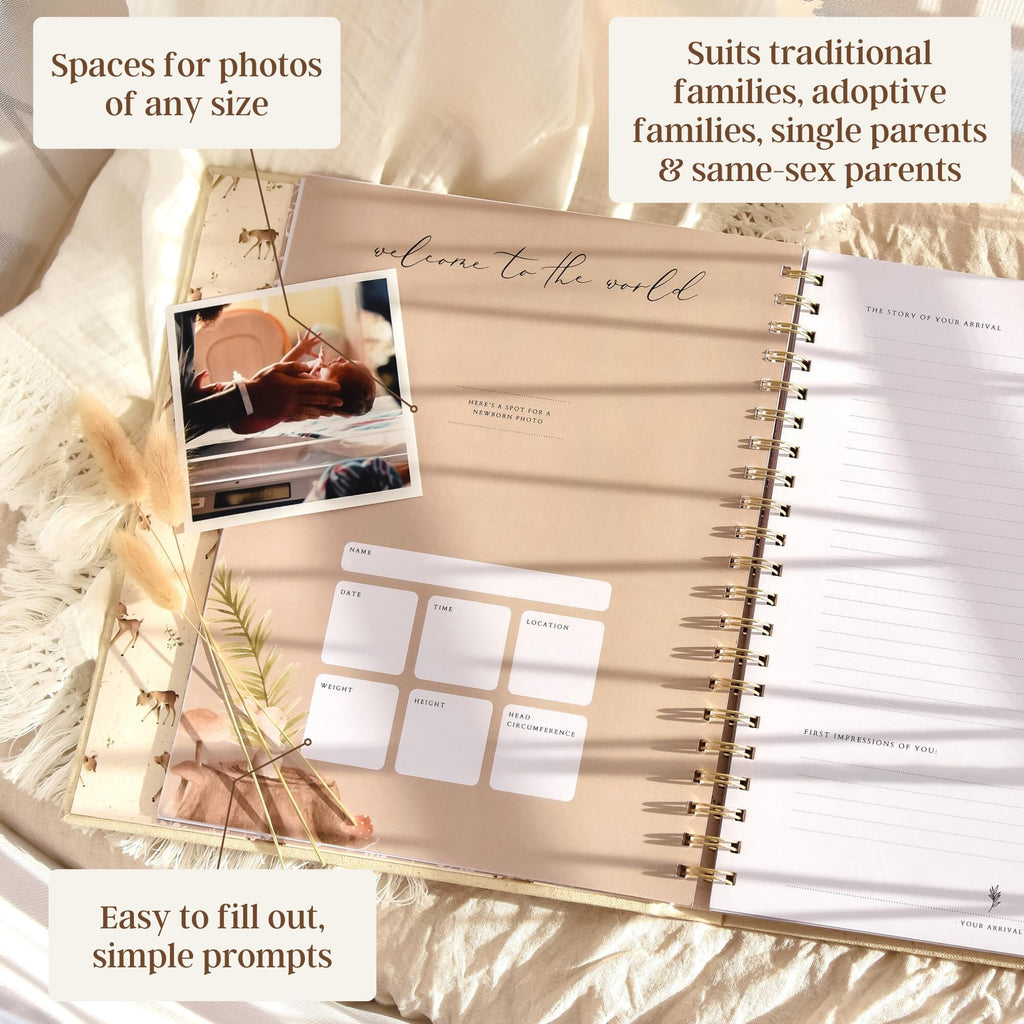 Peachly Libro Dei Ricordi Per Neonati Unisex - Album Primo Anno In Lino Naturale, 60 Pagine, Adatto A Tutte Le Famiglie