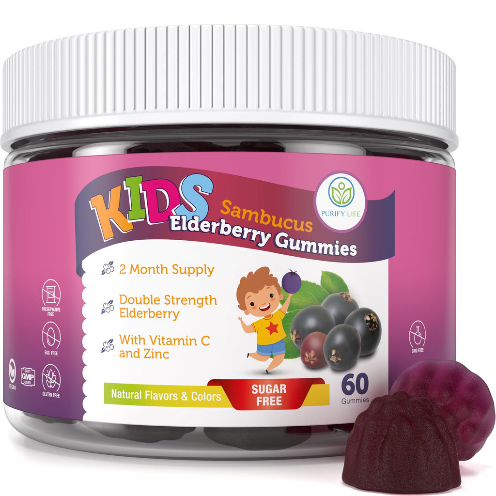 Sugar-Free Kids Elderberry Gummies with Vitamin C & Zinc - Daily Children Elderberry Immune Support Gummies Supplement for Respiratory Health, Sambucus Elderberry Antioxidant Gummies, Vegan (60 Ct)