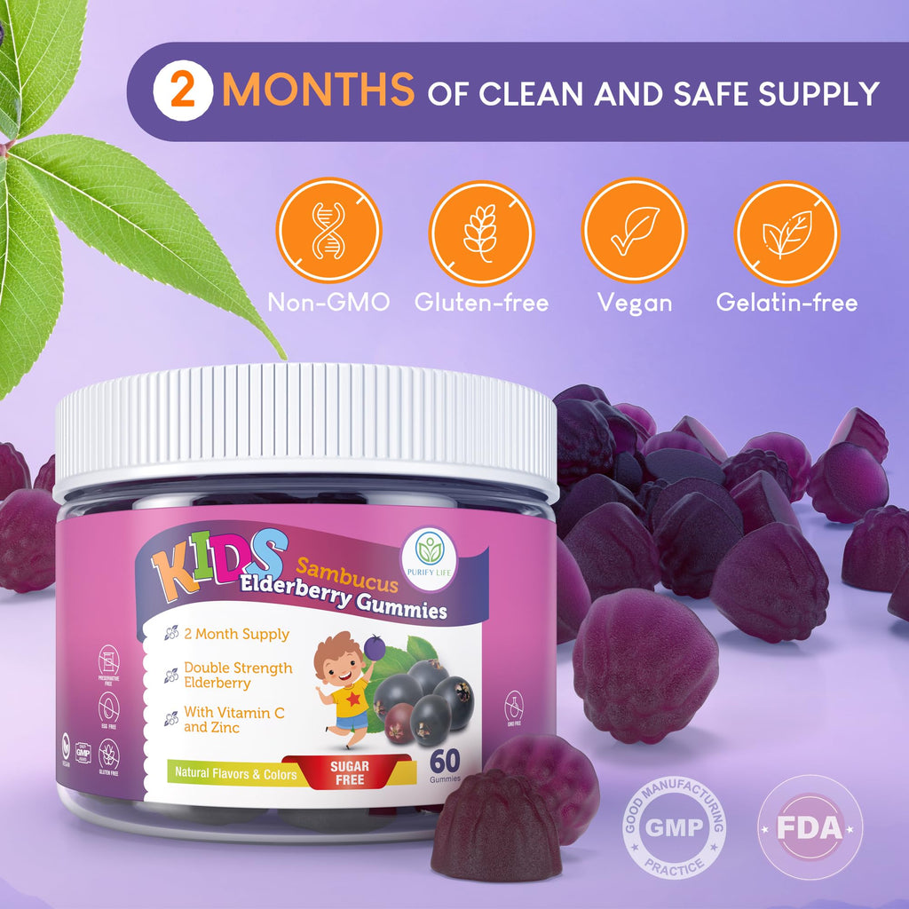 Sugar-Free Kids Elderberry Gummies with Vitamin C & Zinc - Daily Children Elderberry Immune Support Gummies Supplement for Respiratory Health, Sambucus Elderberry Antioxidant Gummies, Vegan (60 Ct)