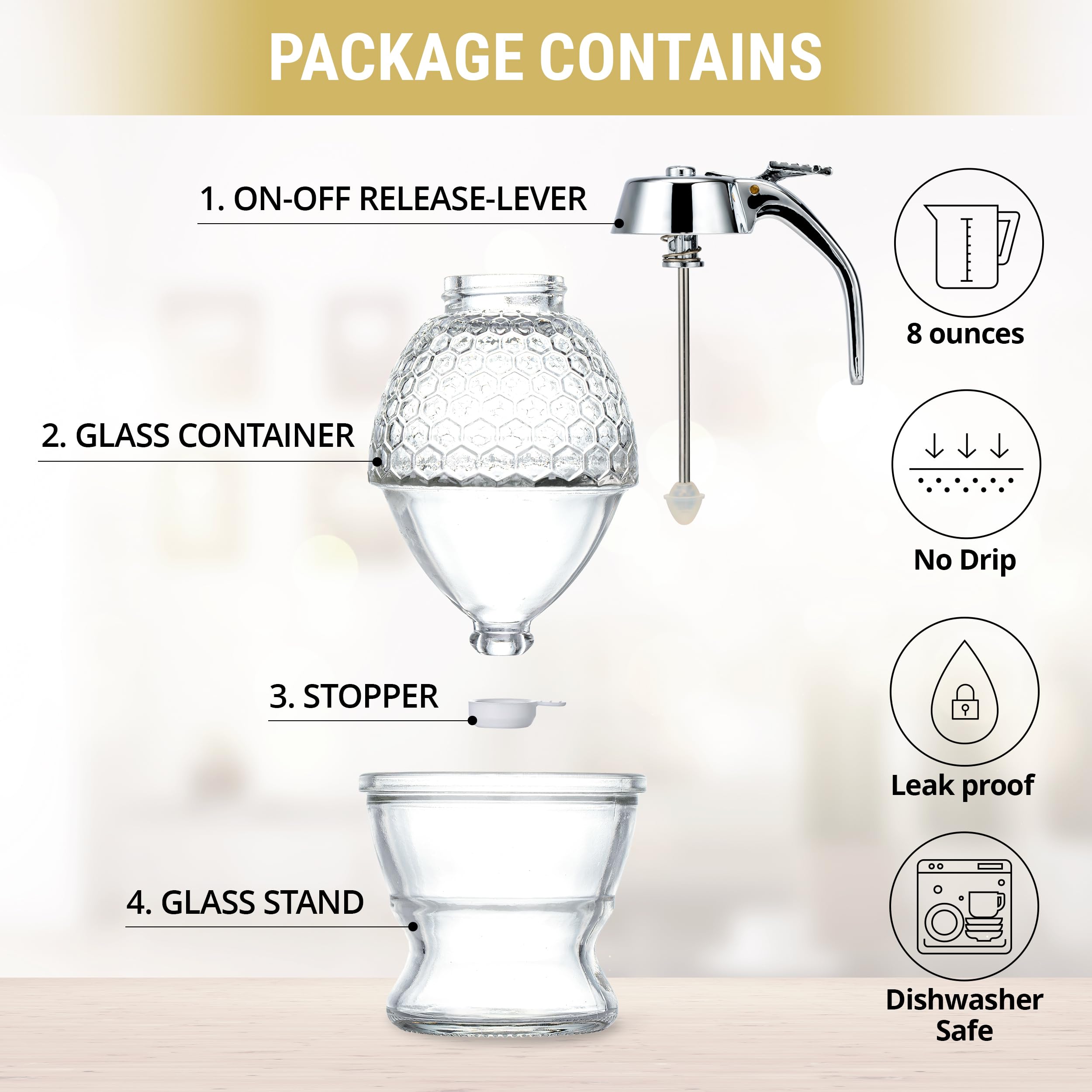 PAULSWAY Glass Honey Dispenser Jar - Sleek Silver Lid, Premium Stainless Steel and Chrome-Plated ABS Design