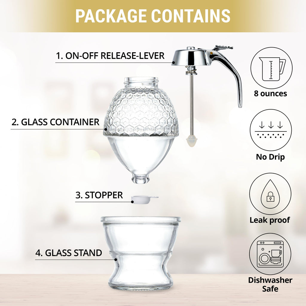 PAULSWAY Glass Honey Dispenser Jar - Sleek Silver Lid, Premium Stainless Steel and Chrome-Plated ABS Design