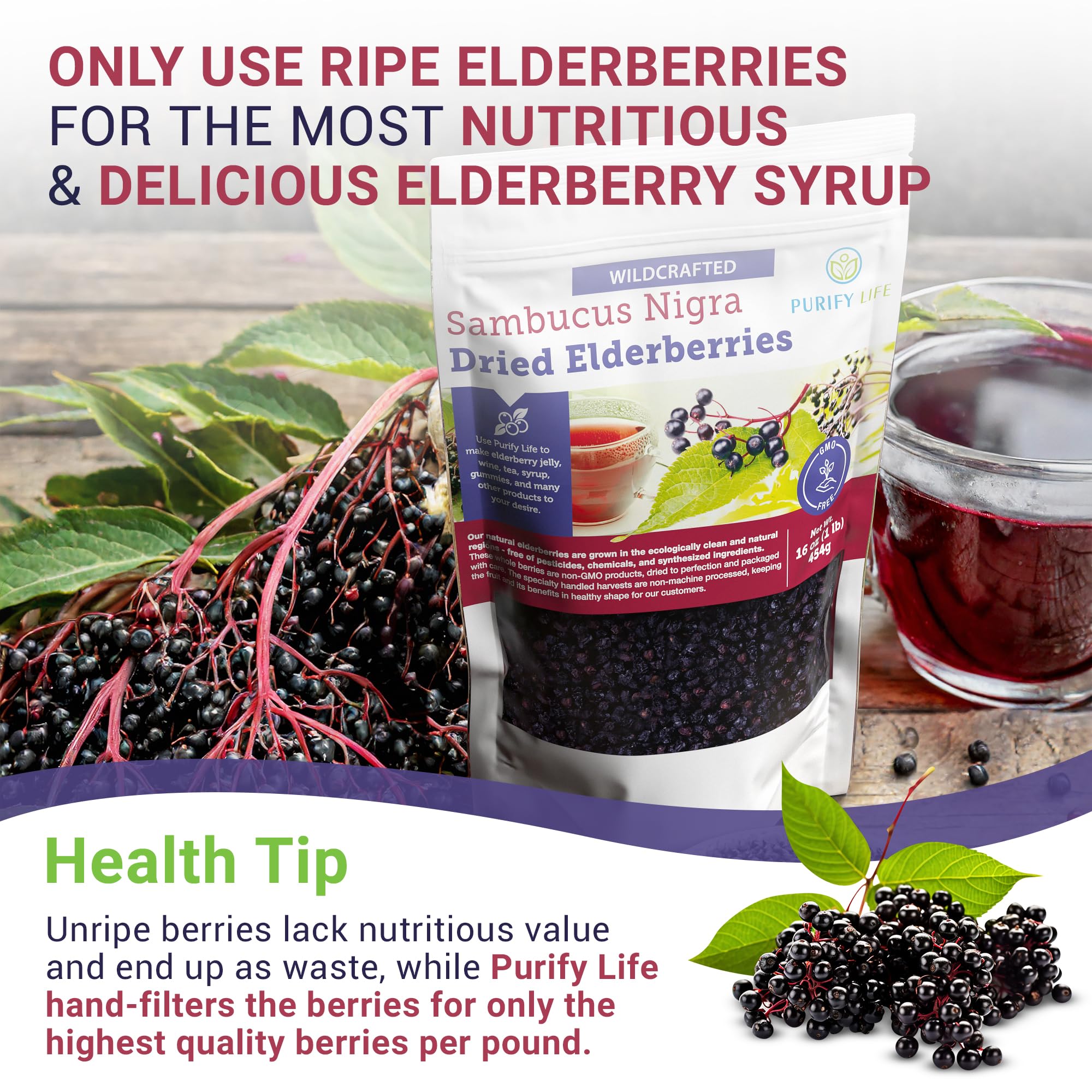 Elderberries Hand-Sorted and Wildcrafted, Purify Life, One Pound