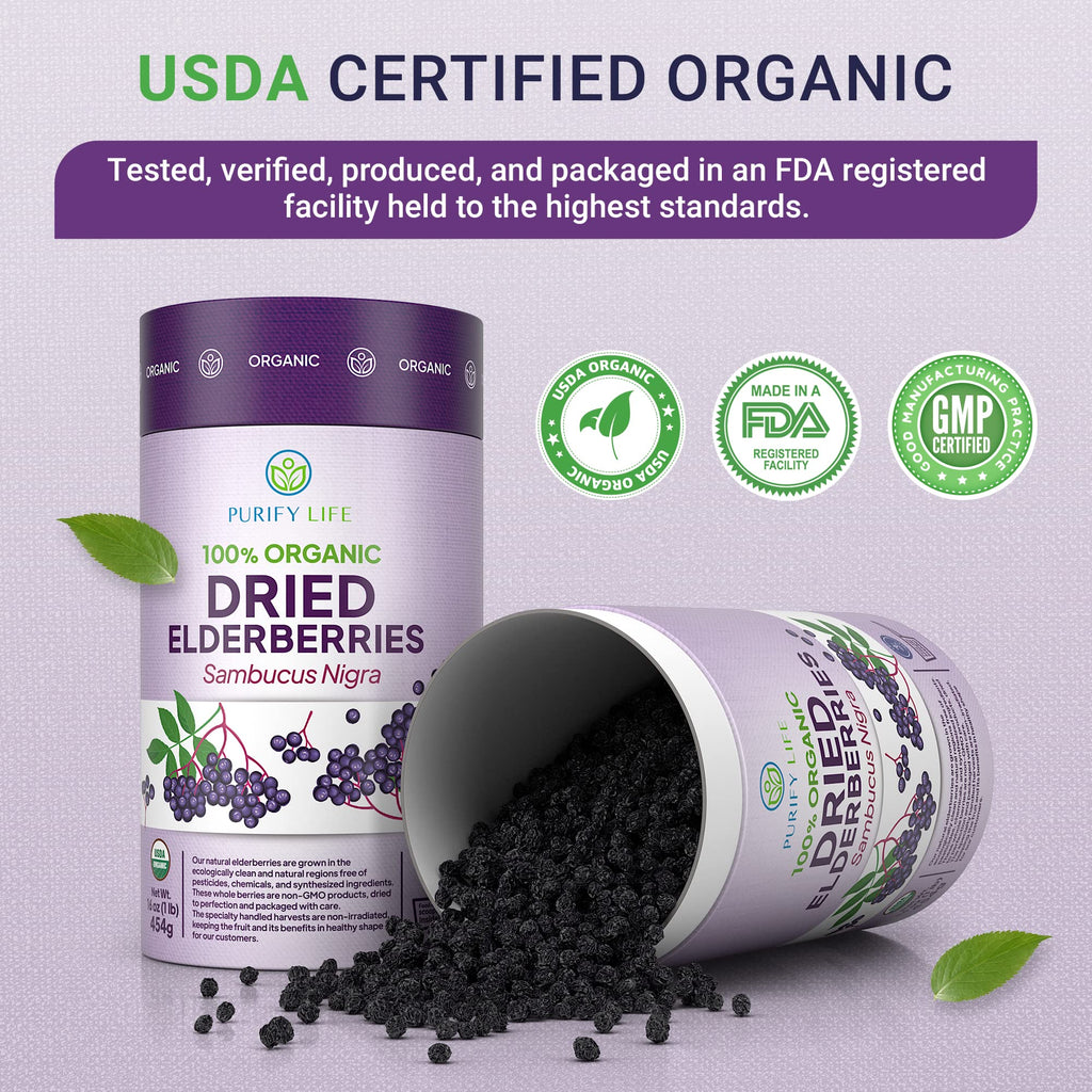 Organic Dried Elderberries, Purify Life, One Pound