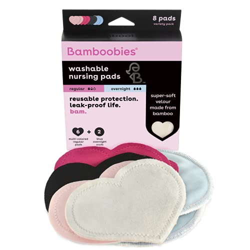 Bamboobies Women’s Nursing Pads, Reusable and Washable, Multi-Color, 3 Regular Pairs and 1 Overnight Pair, Leak-Proof Pads for Breastfeeding, 4 Pairs