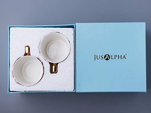 Jusalpha Set of 2 Elegant Modern Blue and Red 7.4 oz Tea Cups and Saucers Set-Coffee Cup Set with Saucer and Spoon in a Gift Box FD-TCS17 (Strip Pattern)