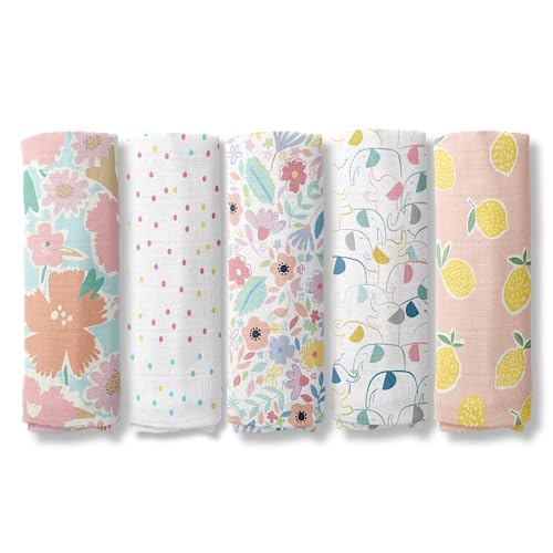 haus & kinder Muslin Swaddle Blanket for Newborns, Fun Flora Collection Pack of 5 Super Soft & Skin-Safe Cotton Baby Swaddle Blankets, for Boys & Girls
