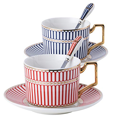 Jusalpha Set of 2 Elegant Modern Blue and Red 7.4 oz Tea Cups and Saucers Set-Coffee Cup Set with Saucer and Spoon in a Gift Box FD-TCS17 (Strip Pattern)