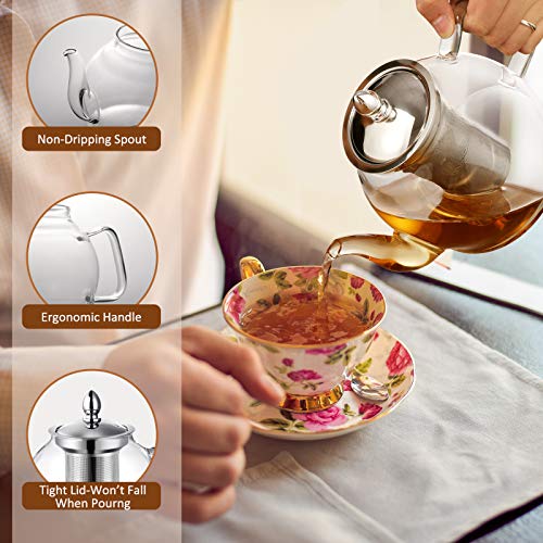 HIWARE 1000ml Glass Teapot with Removable Infuser, Stovetop Safe Tea Kettle, Blooming and Loose Leaf Tea Maker Set