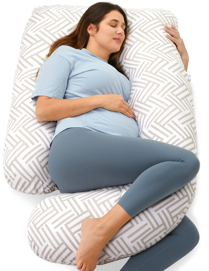 Momcozy U Shaped Pregnancy Pillows with Cotton Removable Cover, 57 Inch Maternity Pillow Full Body Support, Must Have for Pregnant Women, Stripes